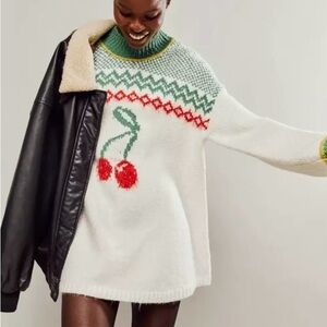 Free People Cherry Heart Sweater Dress size M in Ivory Combo